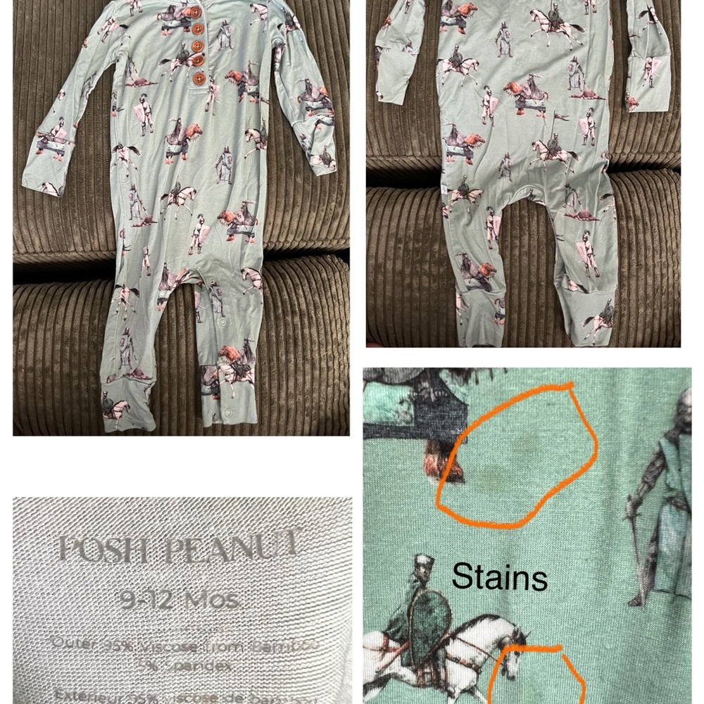 Posh Peanut Sage Green Horse Knight One Piece Baby Boy 9-12m Bamboo